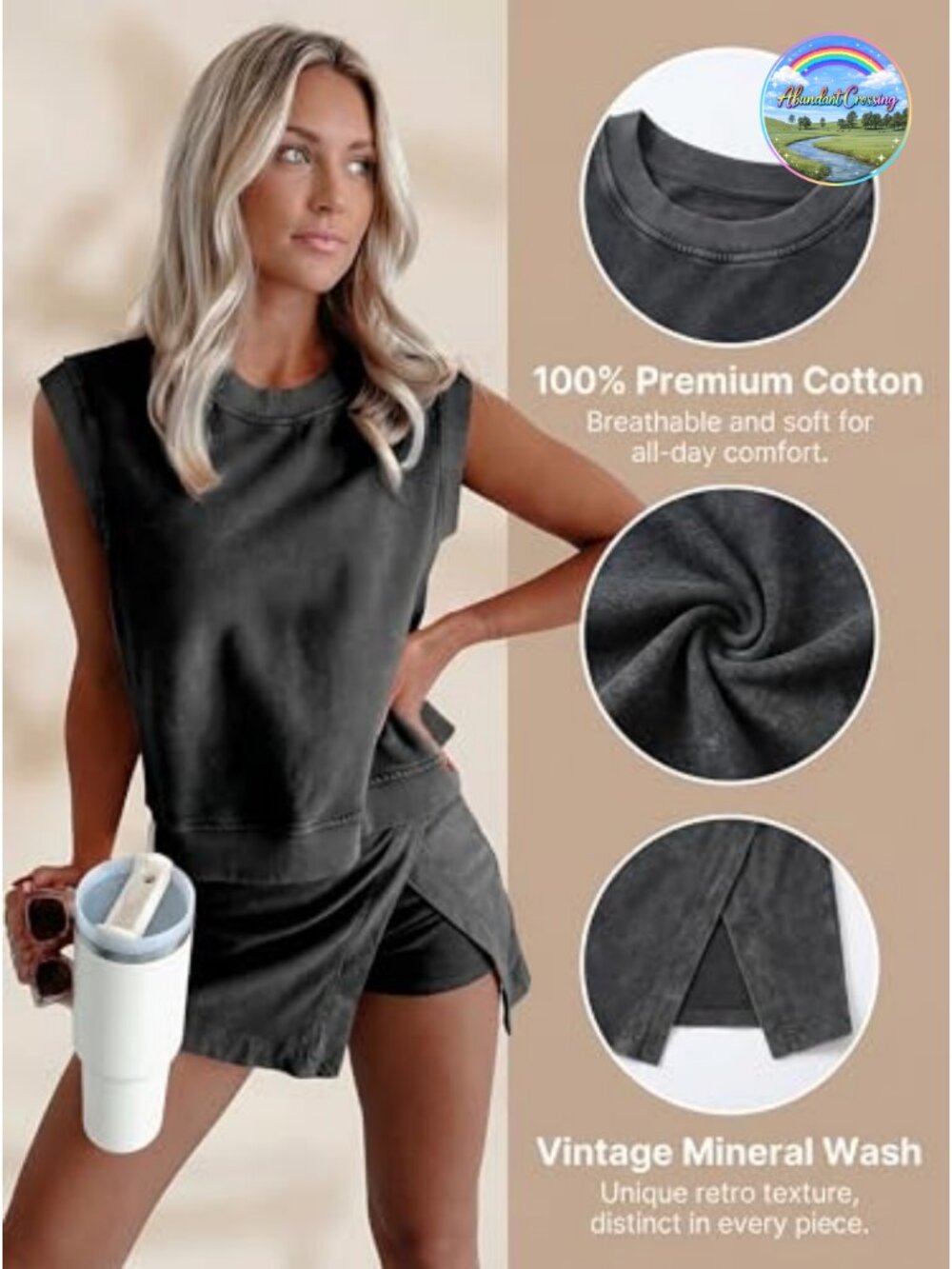 Women's Mineral Wash Athletic Lounge Tank Skirt Set 2pc Cotton Sleeveless